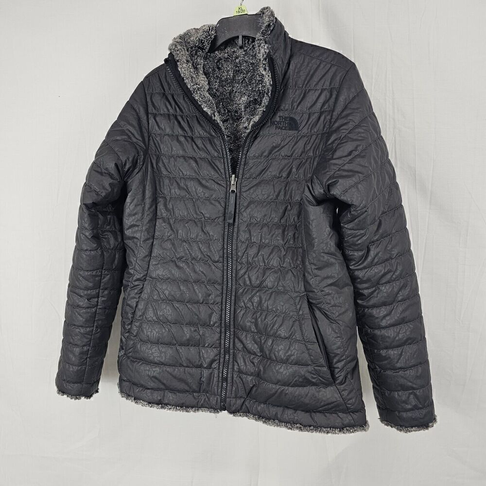 The North Face Mossbud Swirl Reversible Black/Charcoal Leopard Embossed Girls XL
